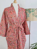 Pure Cotton Kimono in Peach Red Marigold Botanical Bloom