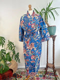 Pure Cotton Handprinted House Robe Tropical Boho Kimono - Bohemian Festival Blue Pink White Exotica Floral Paradise | Beach Cover
