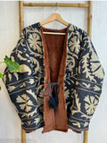 Suzani-Embroidered Fur Open Jacket with Dori Tie Classic Elegant Navy Beige Taupe