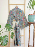 Pure Cotton Indian Block-print House Dressing Robe Kimono | Floral Beach Coverup/Comfy Maternity Mom | Tribal Quirky Summer Pastel Grey