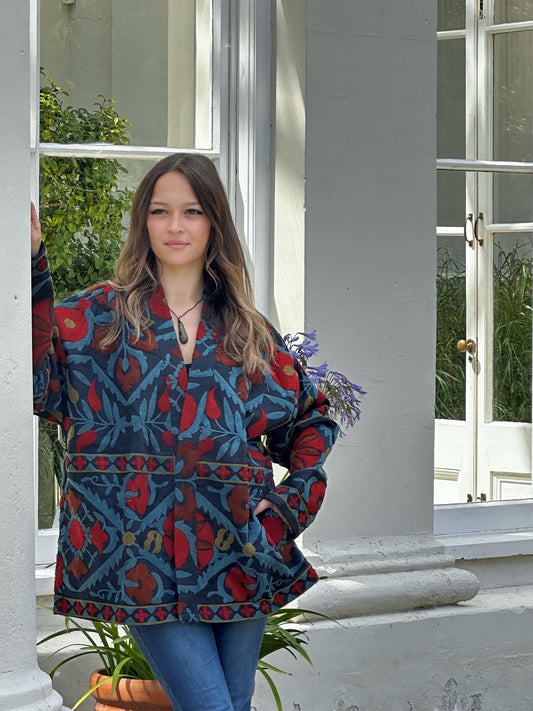 Suzani Hand Embroidered Short Jacket Rose Apricot Grey Red