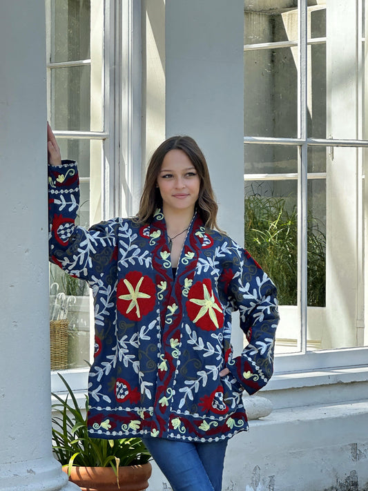 Suzani Hand Embroidered Short Jacket Christmas Vibe Blue Red White