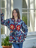 Suzani Hand Embroidered Short Jacket Christmas Vibe Blue Red White