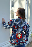 Suzani Hand Embroidered Short Jacket Christmas Vibe Blue Red White