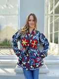 Suzani Hand Embroidered Short Jacket Christmas Vibe Blue Red White