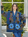 Suzani Hand Embroidered Short Jacket Christmas Vibe Blue Mustard Green