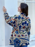 Exclusive Velvet Outdoor Jacket with Hand Embroidery. Pastel Beige Teal Navy