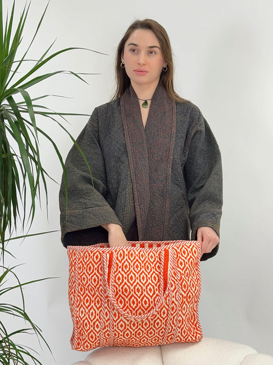 Quilted Cotton Handprinted Reversible Large Orange Crush Ikat Tote Bag Eco friendly Sustainable Sturdy Grocery Shopping HandmadeáArtáBoho