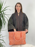 Quilted Cotton Handprinted Reversible Large Orange Crush Ikat Tote Bag Eco friendly Sustainable Sturdy Grocery Shopping HandmadeáArtáBoho