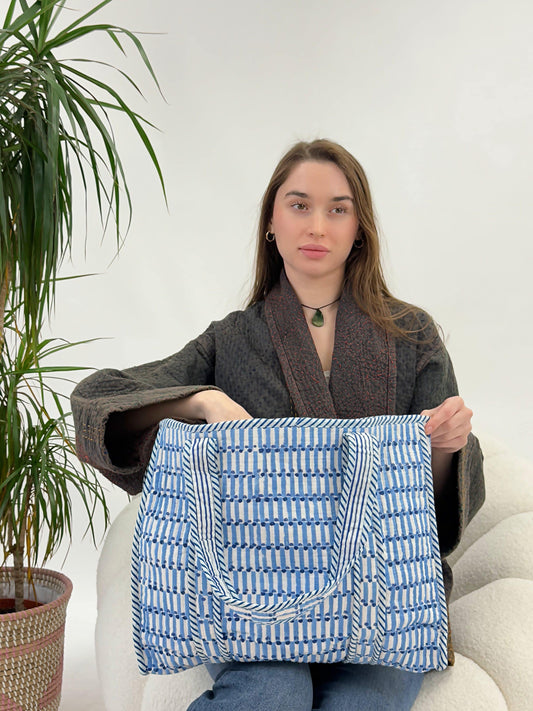 Quilted Cotton Reversible Large Spring Slate Peach Hues Floral Tote Bag Eco friendly Sustainable Sturdy Grocery Shopping Handmade Art Boho