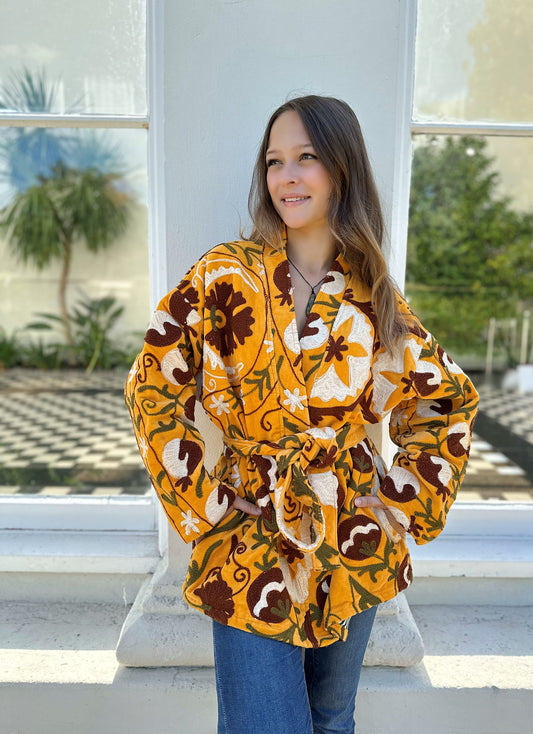 Exclusive Velvet Outdoor Jacket with Hand Embroidery. Musdard Yellow