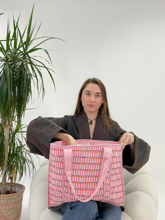 Quilted Cotton Handprinted Large Spring Pastel Pink White Geometric Tote Bag Eco friendly Sturdy Grocery Shopping Handmade ArtistáBoho