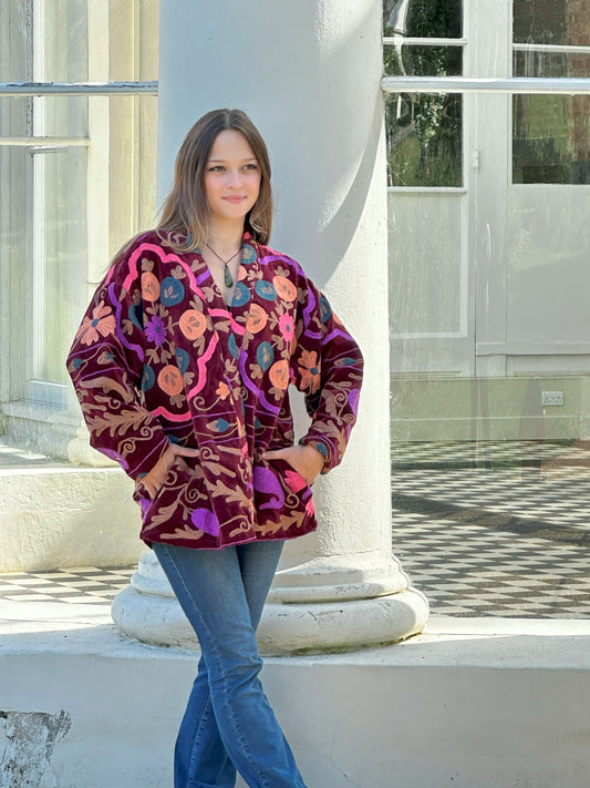 Exclusive Velvet Outdoor Jacket with Hand Embroidery. Rich Marsala Maroon Pomegrante Bloom