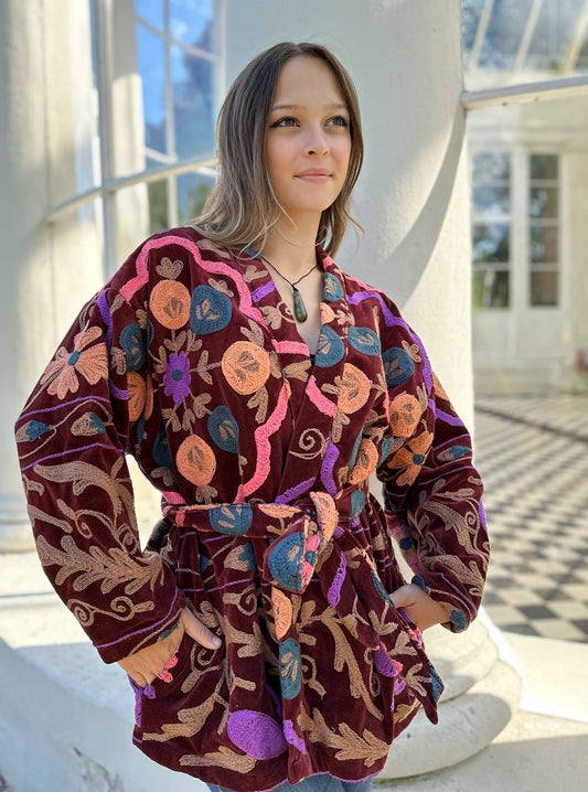 Exclusive Velvet Outdoor Jacket with Hand Embroidery. Rich Marsala Maroon Pomegrante Bloom