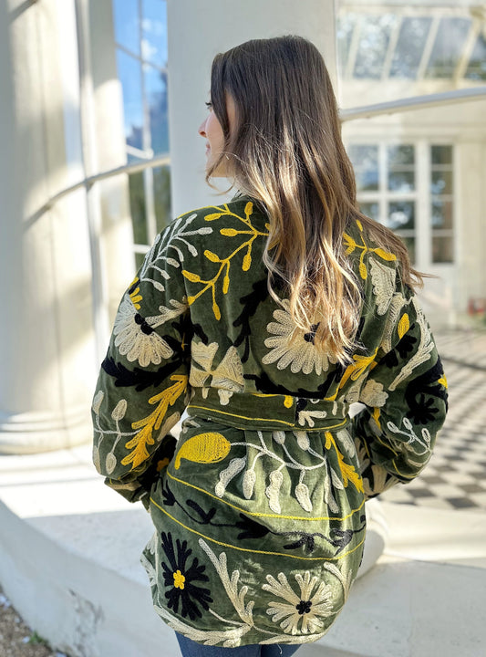 Exclusive Velvet Outdoor Jacket with Hand Embroidery. Olive Green Black Yellow Cream Bloom