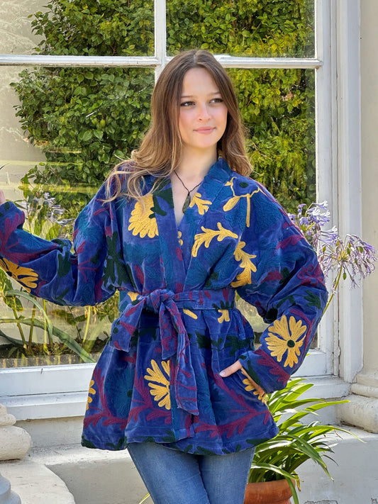 Exclusive Velvet Outdoor Jacket with Hand Embroidery. Blue Hue