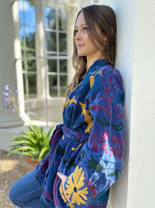 Exclusive Velvet Outdoor Jacket with Hand Embroidery. Blue Hue