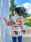 Suzani Hand Embroidered Short Jacket Classic Elegant Beige Pink Red Turquoise
