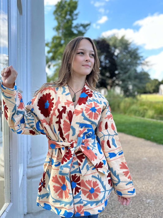 Suzani Hand Embroidered Short Jacket Classic Elegant Beige Pink Red Turquoise