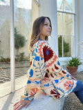 Suzani Hand Embroidered Short Jacket Classic Elegant Beige Pink Red Turquoise