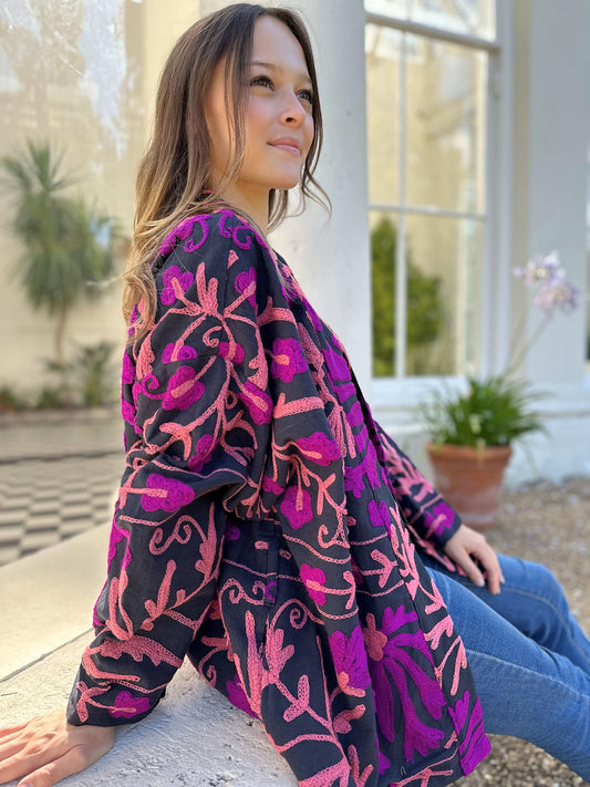 Suzani Hand Embroidered Short Jacket Classic Elegant Black Hot Pink Peach