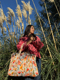 Quilted Cotton Reversible Large Spring Slate Peach Hues Floral Tote Bag Eco friendly Sustainable Sturdy Grocery Shopping HandmadeáArtáBoho