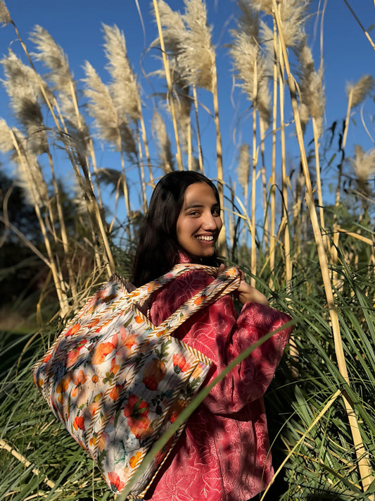 Quilted Cotton Reversible Large Spring Slate Peach Hues Floral Tote Bag Eco friendly Sustainable Sturdy Grocery Shopping HandmadeáArtáBoho