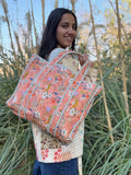 Quilted Cotton Reversible Large Spring Happy Peach Hues Floral Tote Bag Eco friendly Sustainable Sturdy Grocery Shopping HandmadeáArtáBoho