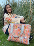 Quilted Cotton Reversible Large Spring Happy Peach Hues Floral Tote Bag Eco friendly Sustainable Sturdy Grocery Shopping HandmadeáArtáBoho