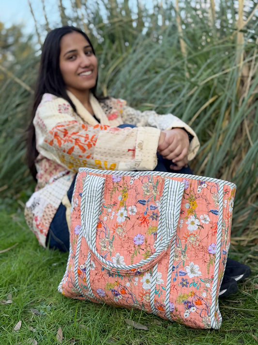 Quilted Cotton Reversible Large Spring Happy Peach Hues Floral Tote Bag Eco friendly Sustainable Sturdy Grocery Shopping HandmadeáArtáBoho