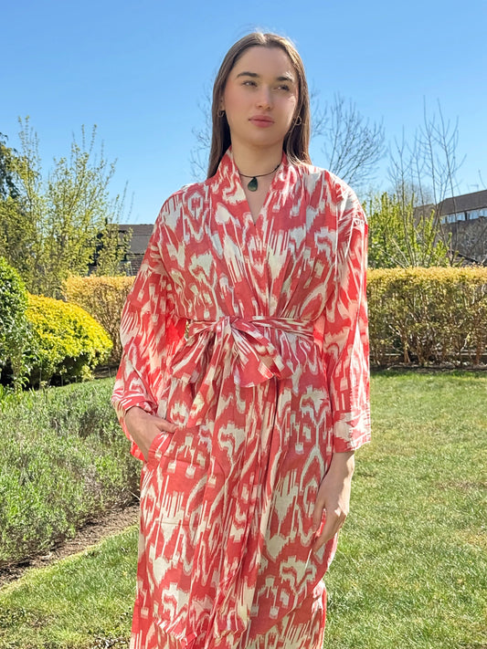 Pure Cotton Block printed Orange White Ikat