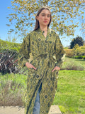 Pure Cotton Block printed Eco-fashion Olive Green Black Ikat Diamond