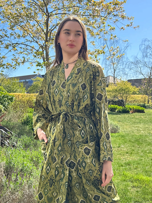 Pure Cotton Block printed Eco-fashion Olive Green Black Ikat Diamond