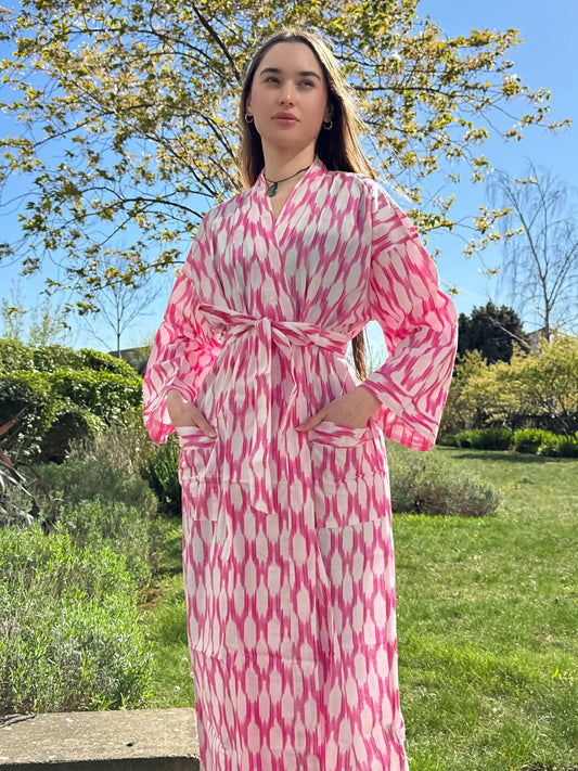 Pure Cotton Block printed Pink White Ikat