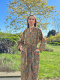 Pure Cotton Block printed Spring Olive Green Blue Peach Botanical Forest