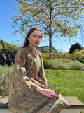 Pure Cotton Block printed Spring Olive Green Blue Peach Botanical Forest