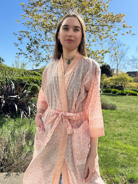 Pure Cotton Block printed Peach   White Floral print