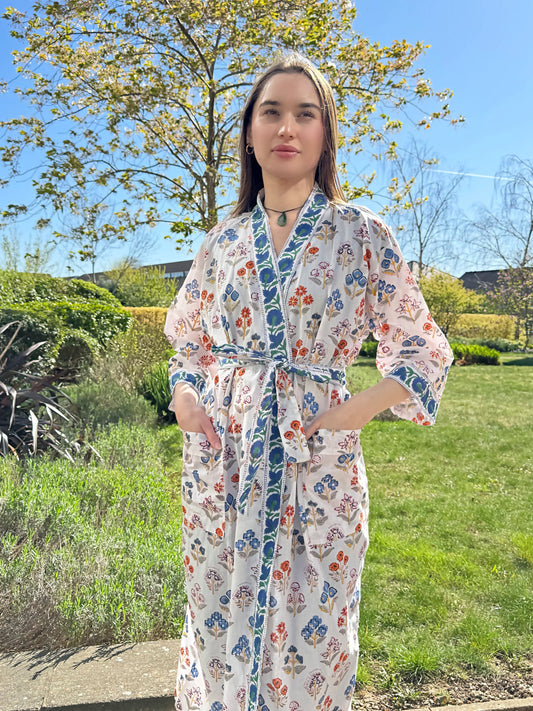 Pure Cotton Block printed White Blue Red Mughal Floral