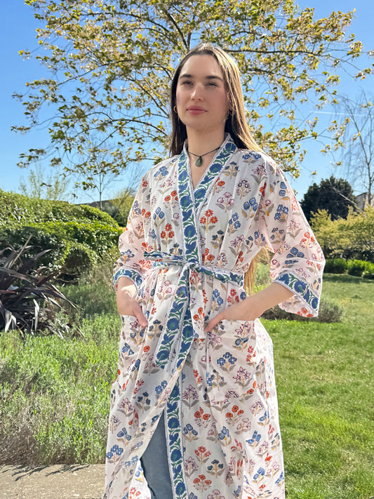 Pure Cotton Block printed White Blue Red Mughal Floral