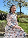 Pure Cotton Block printed White Blue Red Mughal Floral
