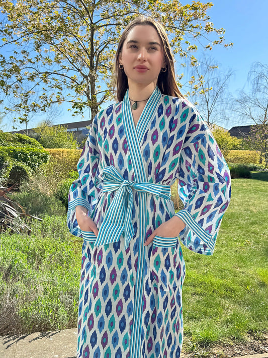 Pure Cotton Block printed Sky blue and  White Ikat