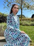 Pure Cotton Block printed Sky blue and  White Ikat