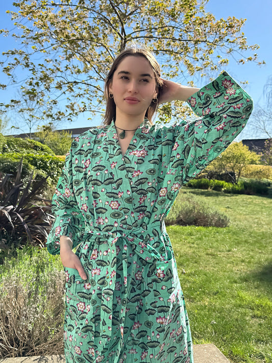 Pure Cotton Block printed Turquoise Olive Pink Bloom Lotus