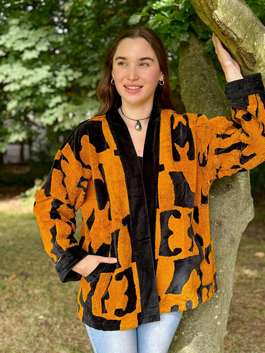 Exclusive Velvet Outdoor Jacket with Hand Embroidery. Black with mustard towel effect