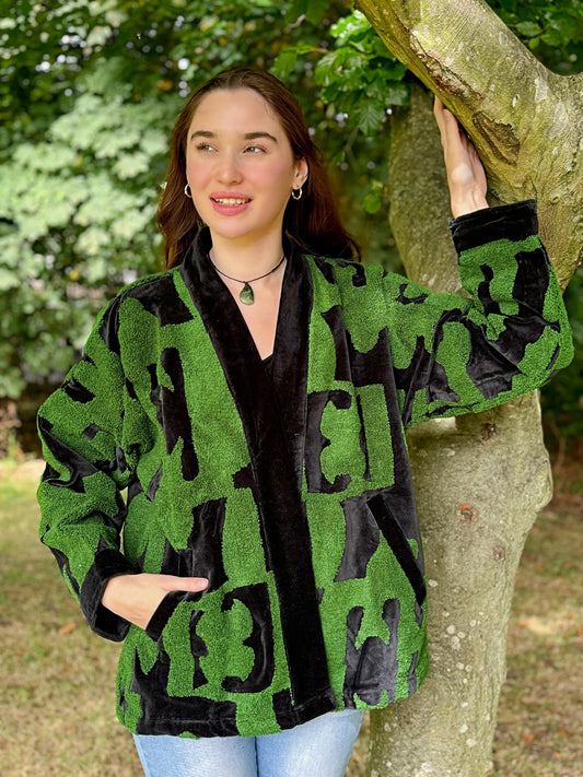 Exclusive Velvet Outdoor Jacket with Hand Embroidery. Black  with sage green towel effect