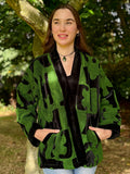 Exclusive Velvet Outdoor Jacket with Hand Embroidery. Black  with sage green towel effect