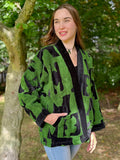 Exclusive Velvet Outdoor Jacket with Hand Embroidery. Black  with sage green towel effect