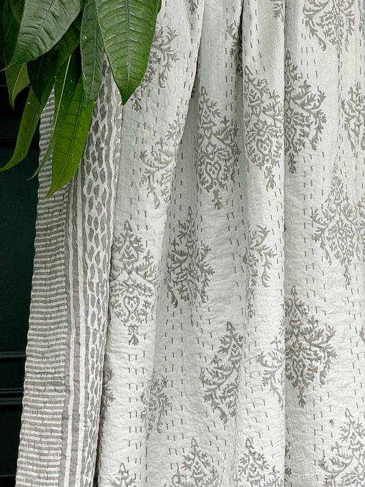 Elegant White Grey Tribal Motif Stripe Kantha Stitch Bed Throw Dohar Hand-block Artisan Summer