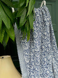 White Blue Jaipur Floral Persian Pottery Motifs Kantha Stitch Bed Throw Dohar Hand-block Artisan Summer