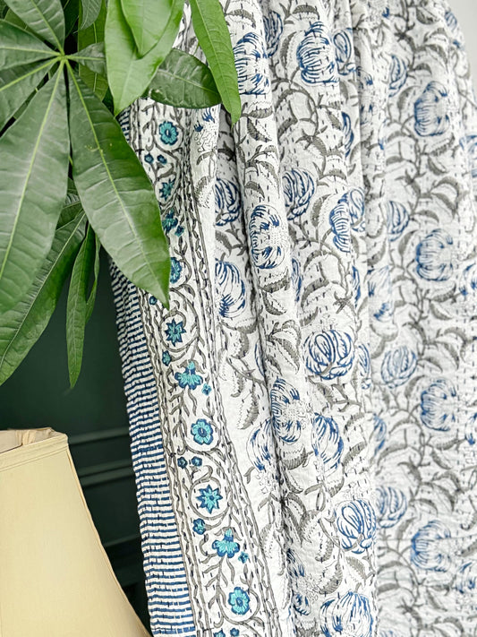 White Blue Exotic Wisconsin Bloom Garden Kantha Stitch Bed Throw Dohar Hand-block Artisan Summer